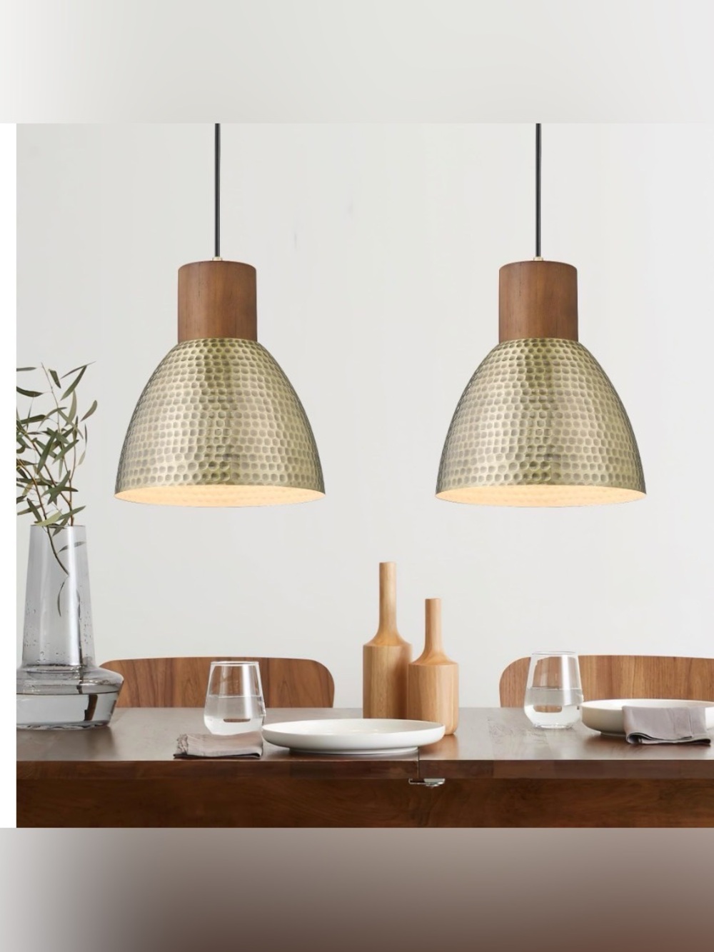 Hammered Metal Dome Pendant Light with Wood Accent - Brass Finish
